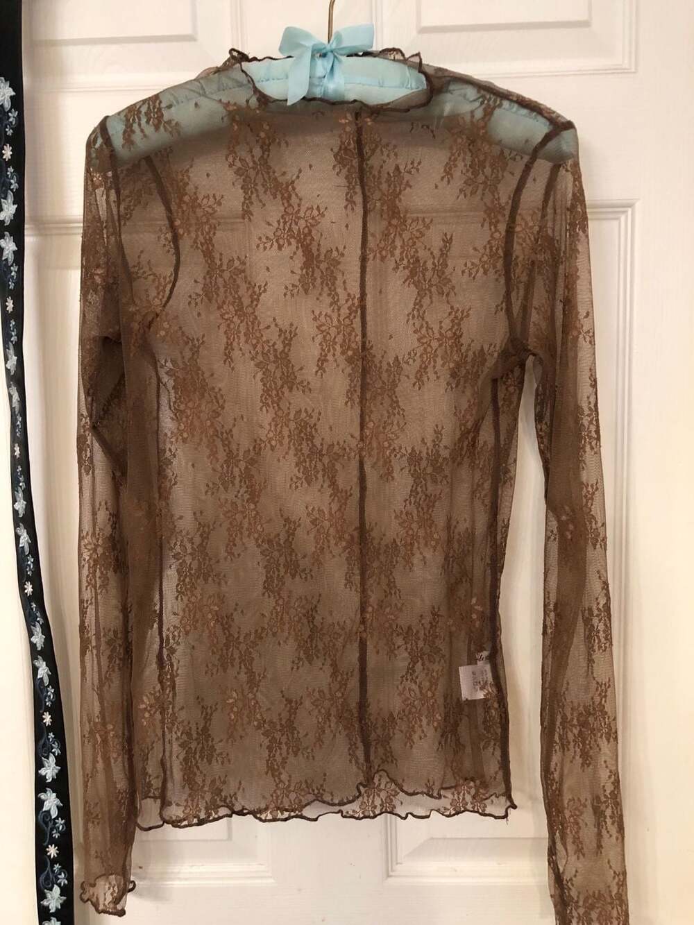 Uger Brown Floral Lace Sheer Long Sleeve Mock Neck Top